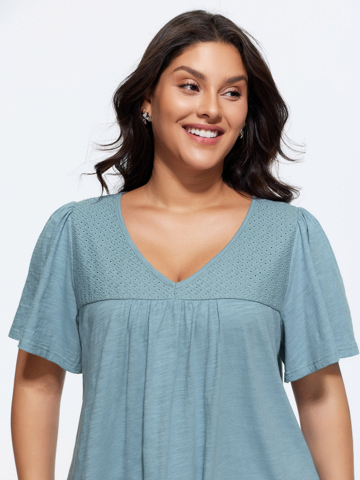 Cotton Ruffled Sleeve V-Neck T-Shirt