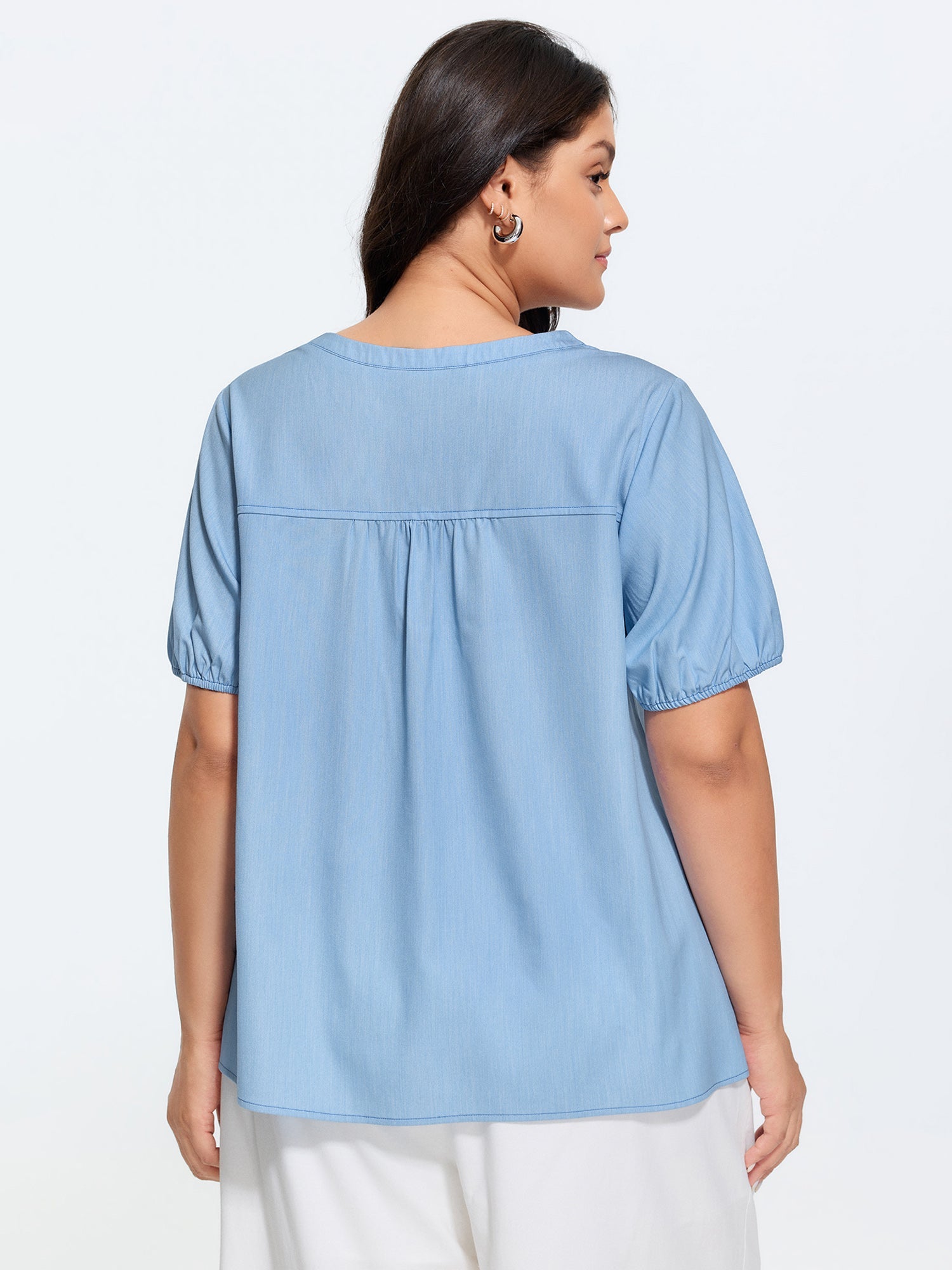 Supersoft Puffy Sleeve Notched Collar Plain Faux Denim Blouse
