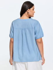 Supersoft Puffy Sleeve Notched Collar Plain Faux Denim Blouse