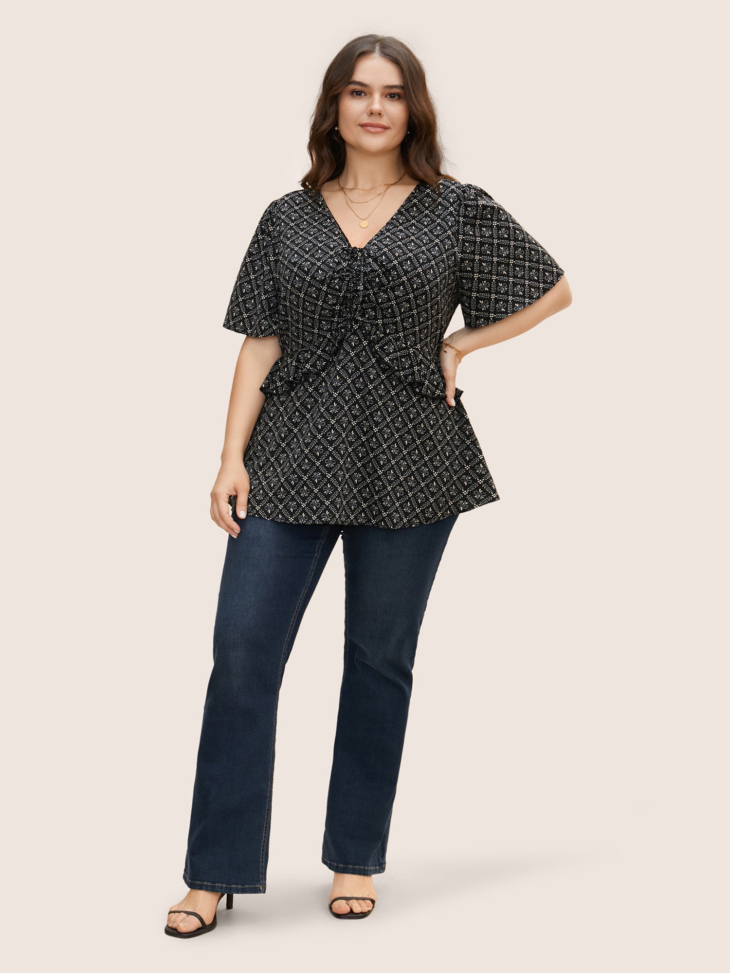 Moroccan Print Tie Knot Ruffle Trim Blouse