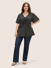Moroccan Print Tie Knot Ruffle Trim Blouse