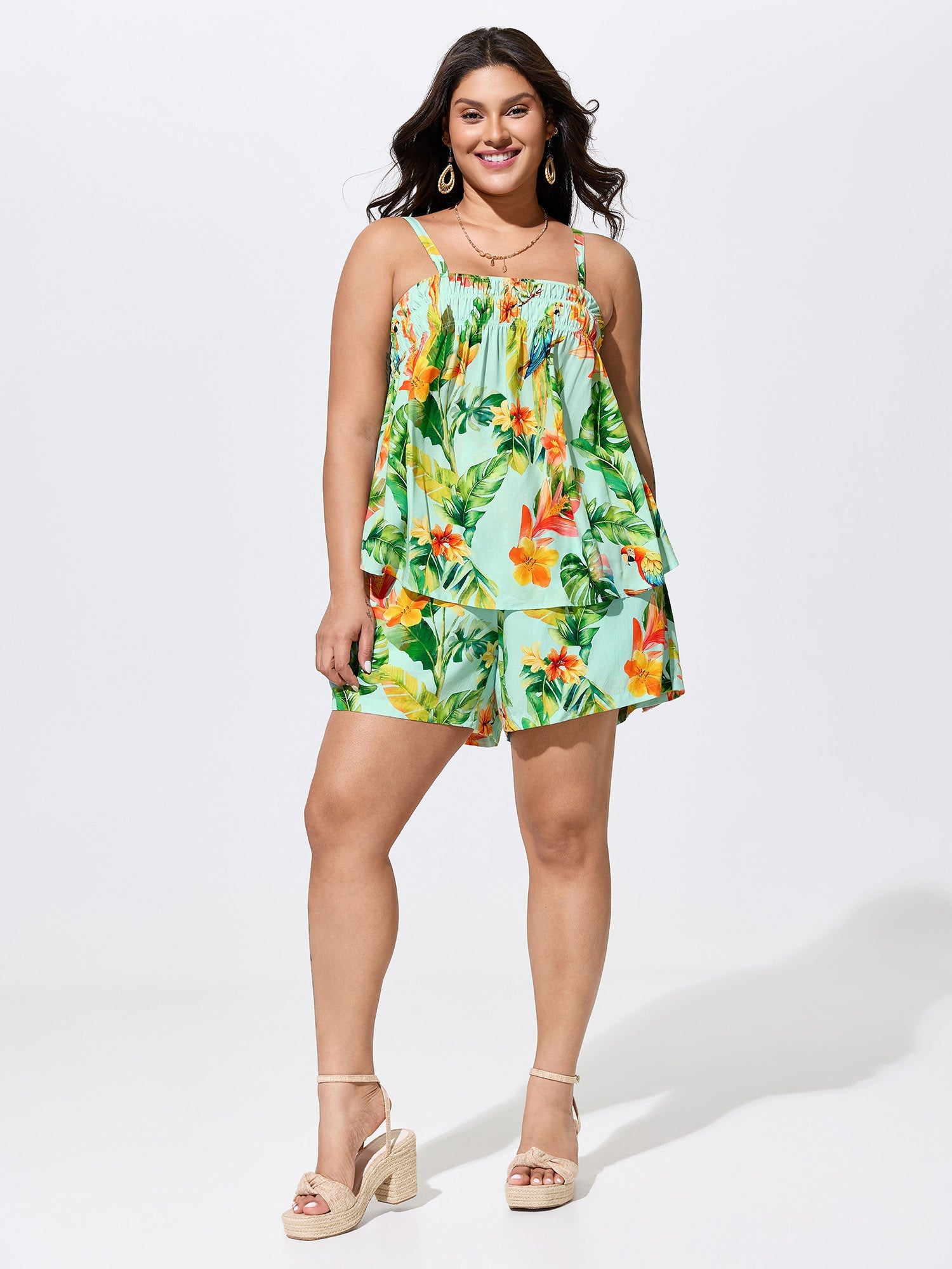 Tropical Breeze Print Shirred Neckline Tank Top