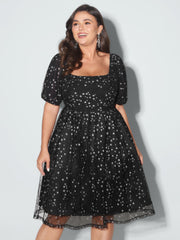 Star Moon Mesh Sequin Fit And Flare Mini Dress