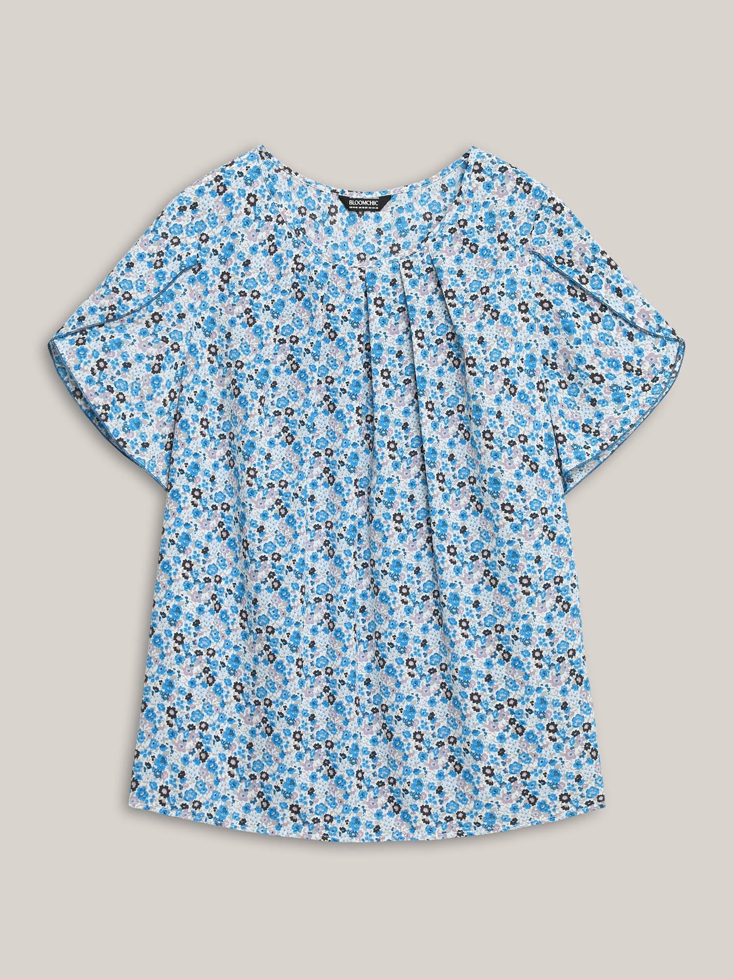 Floral Print Petal Sleeve Pleated Neck Blouse