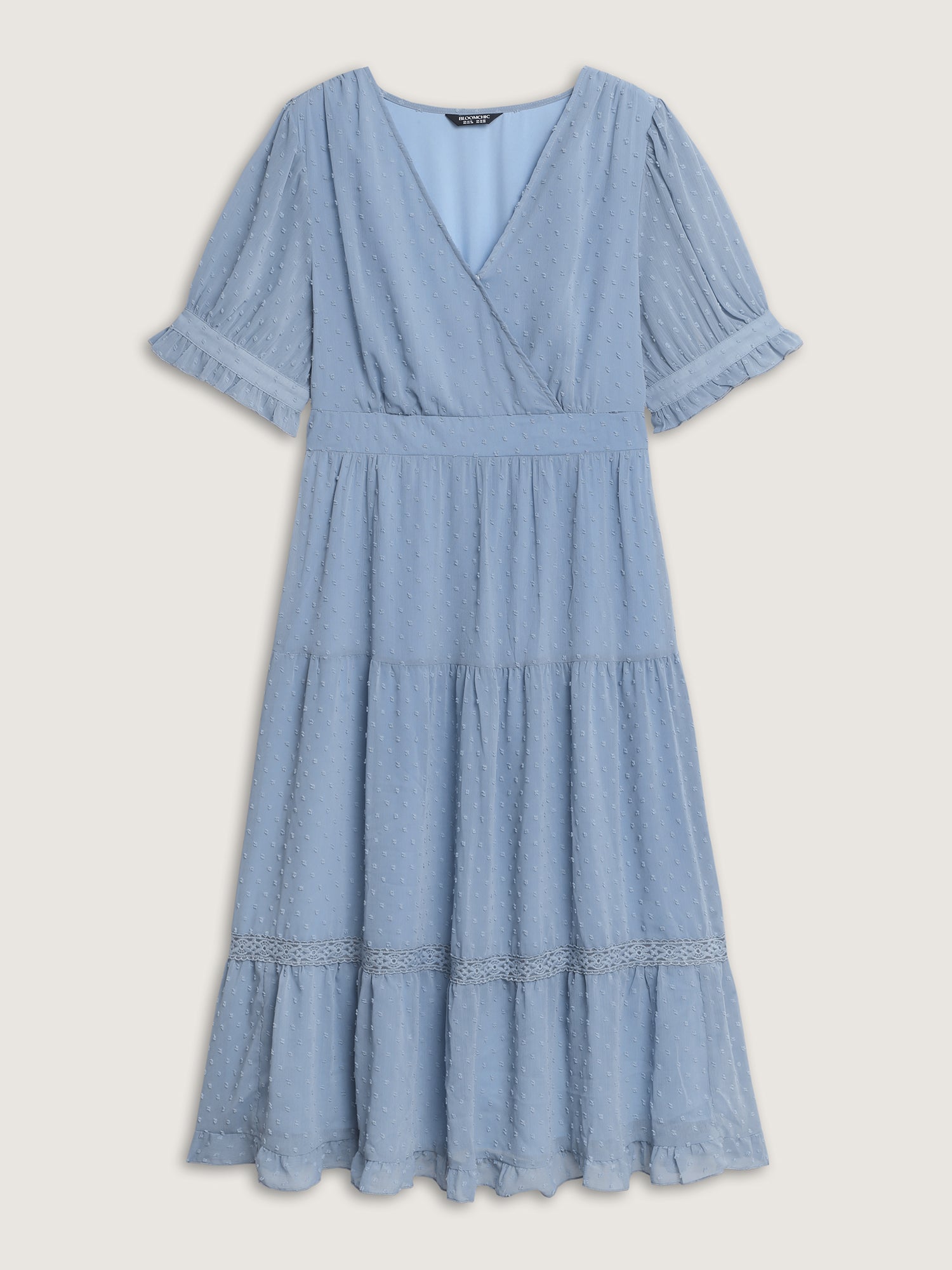 Textured Lace Trim Wrap Neckline Tiered Midi Dress