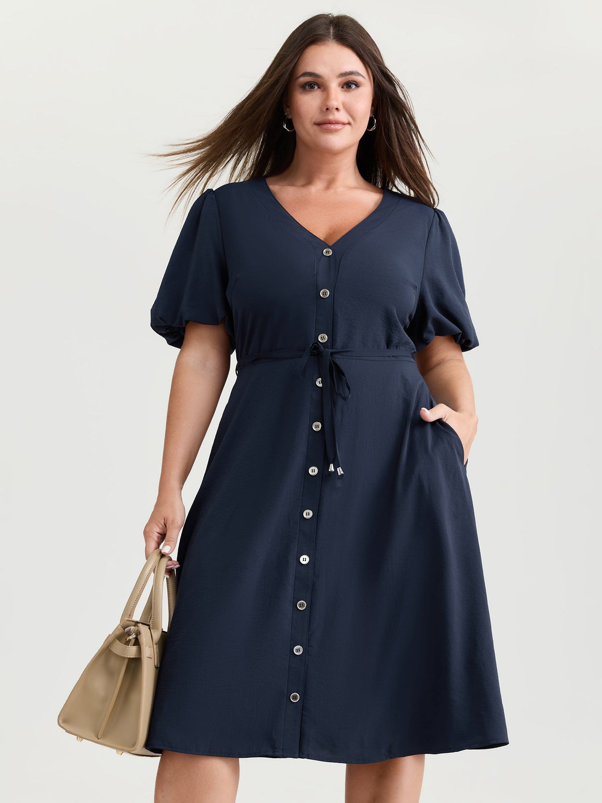 Bubble Sleeve Button Detail Flowy Midi Dress
