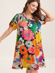 Large Floral Print Neck Tie Mini Dress