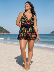 Tropical Floral Print V-Neck Swim Top