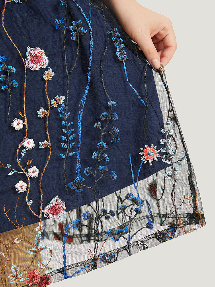 Plants Embroidered Mesh Patchwork Tank Dress