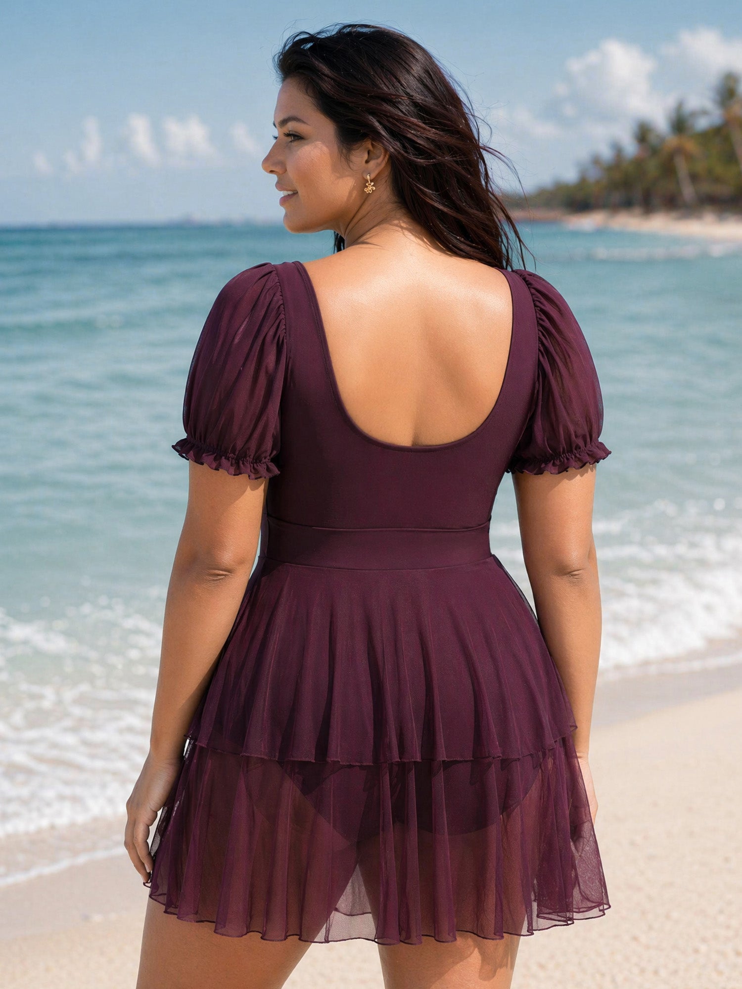 Sheer Ruched Bodice Tiered Swim Dress