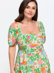 Floral Print Pleated Square Neckline Midi Dress