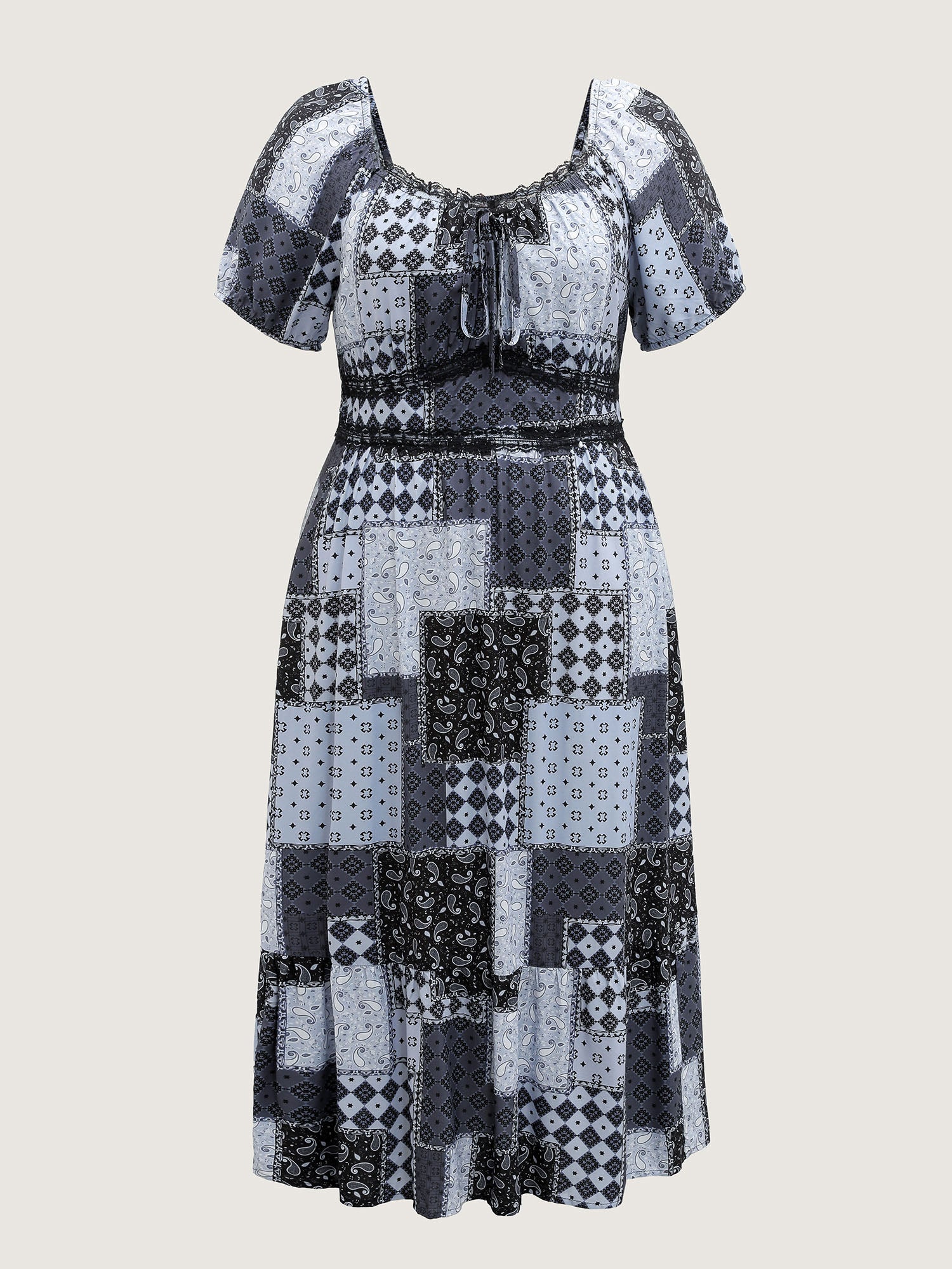 Paisley Collage Print Lace Trim Midi Dress
