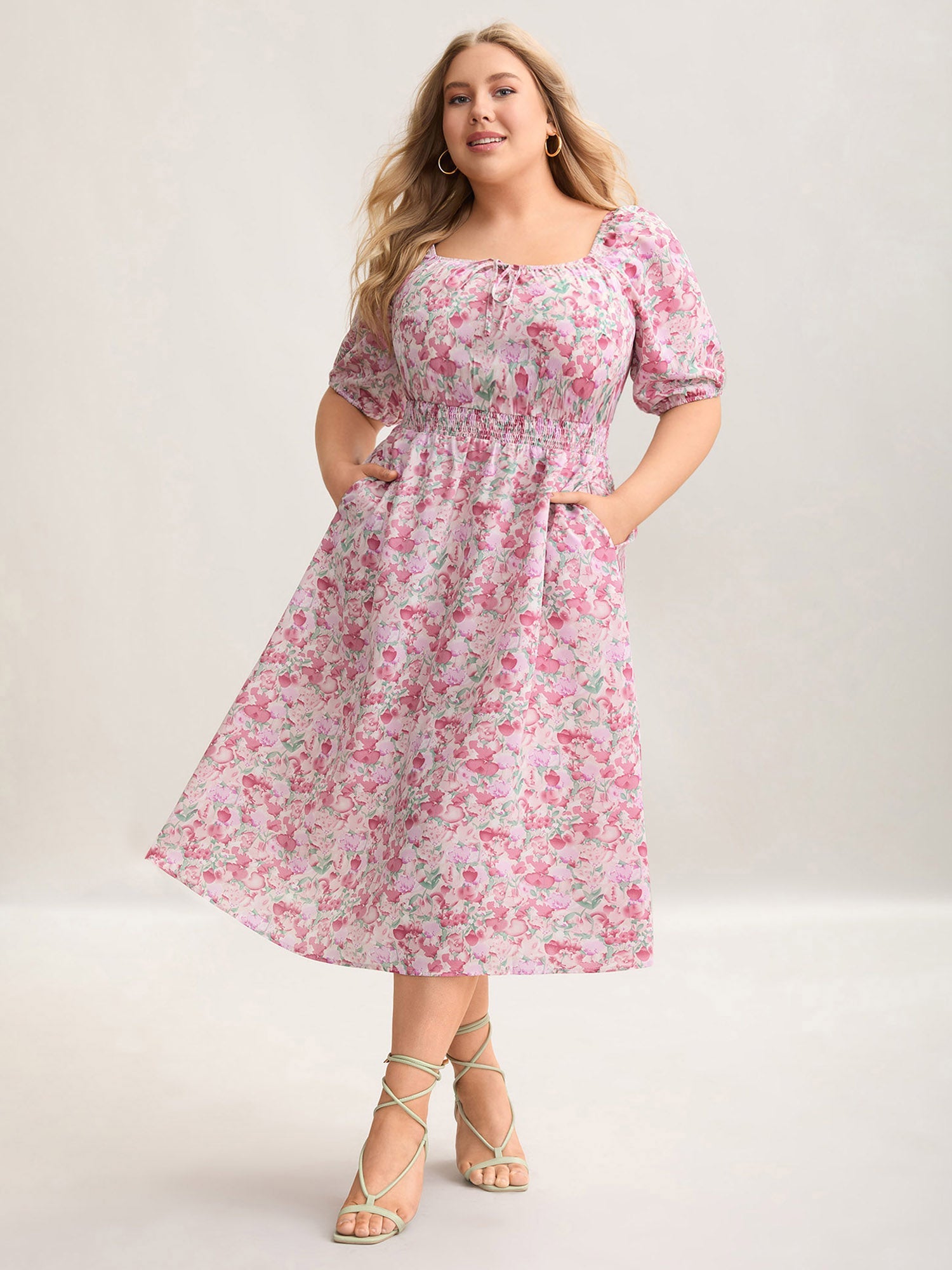 Floral Print Shirred Waist Pockets Midi Dress