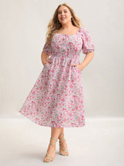 Floral Print Shirred Waist Pockets Midi Dress