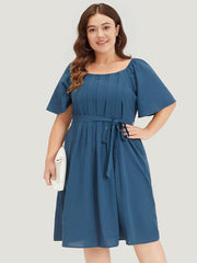 Plain Pocket Belted Pleated Raglan Sleeve Dress