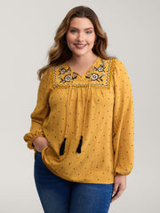 Textured Dot Embroidered Tassel Flowy Blouse