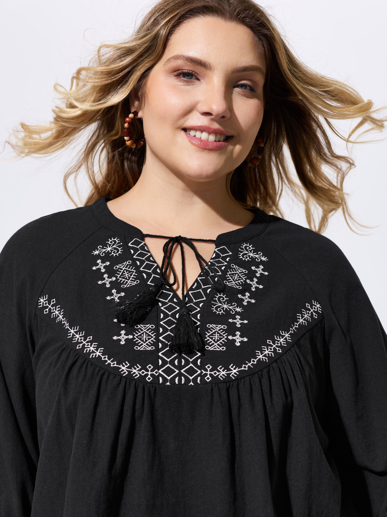 Cotton Boho Embroidered Tassel Blouse