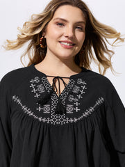 Cotton Boho Embroidered Tassel Blouse