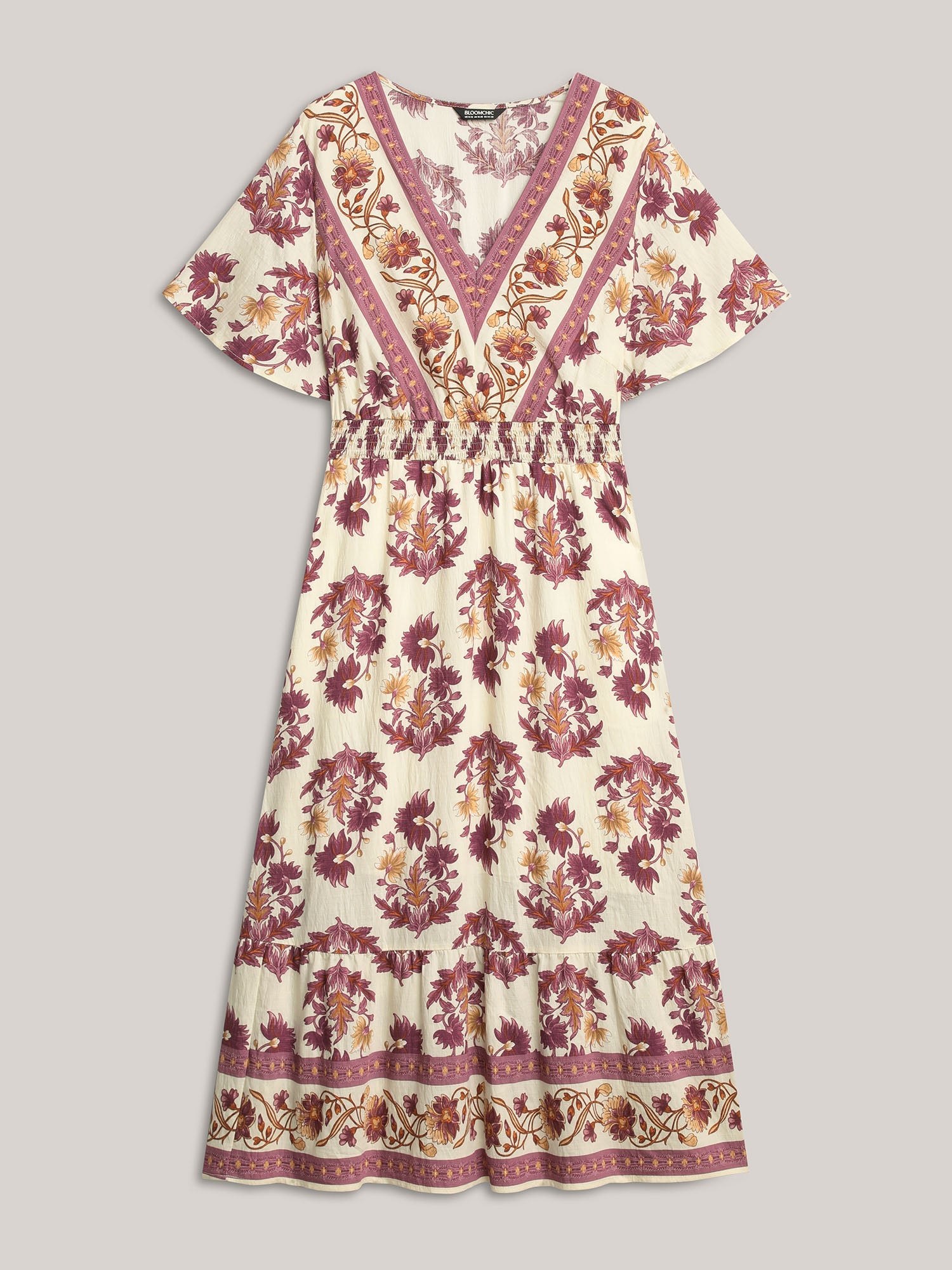 Rayon Floral Print Stretchy Waist Midi Dress