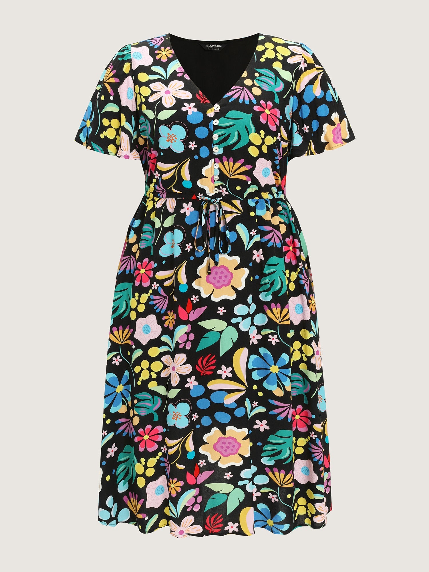 Bright Floral Print Flared Sleeve Midi Dress