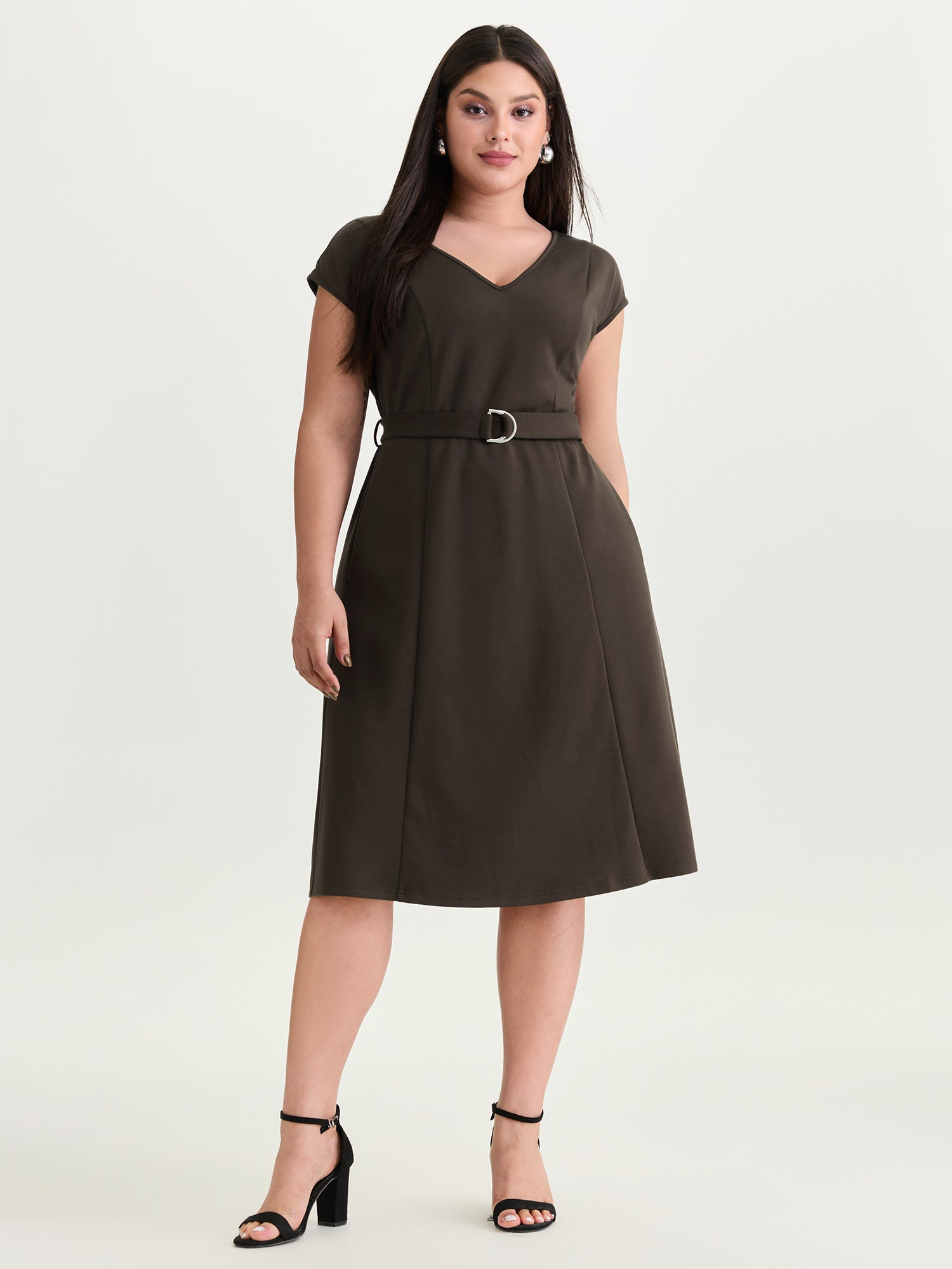 Backless Belted V-Neck Plain Midi Dress
