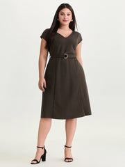 Backless Belted V-Neck Plain Midi Dress