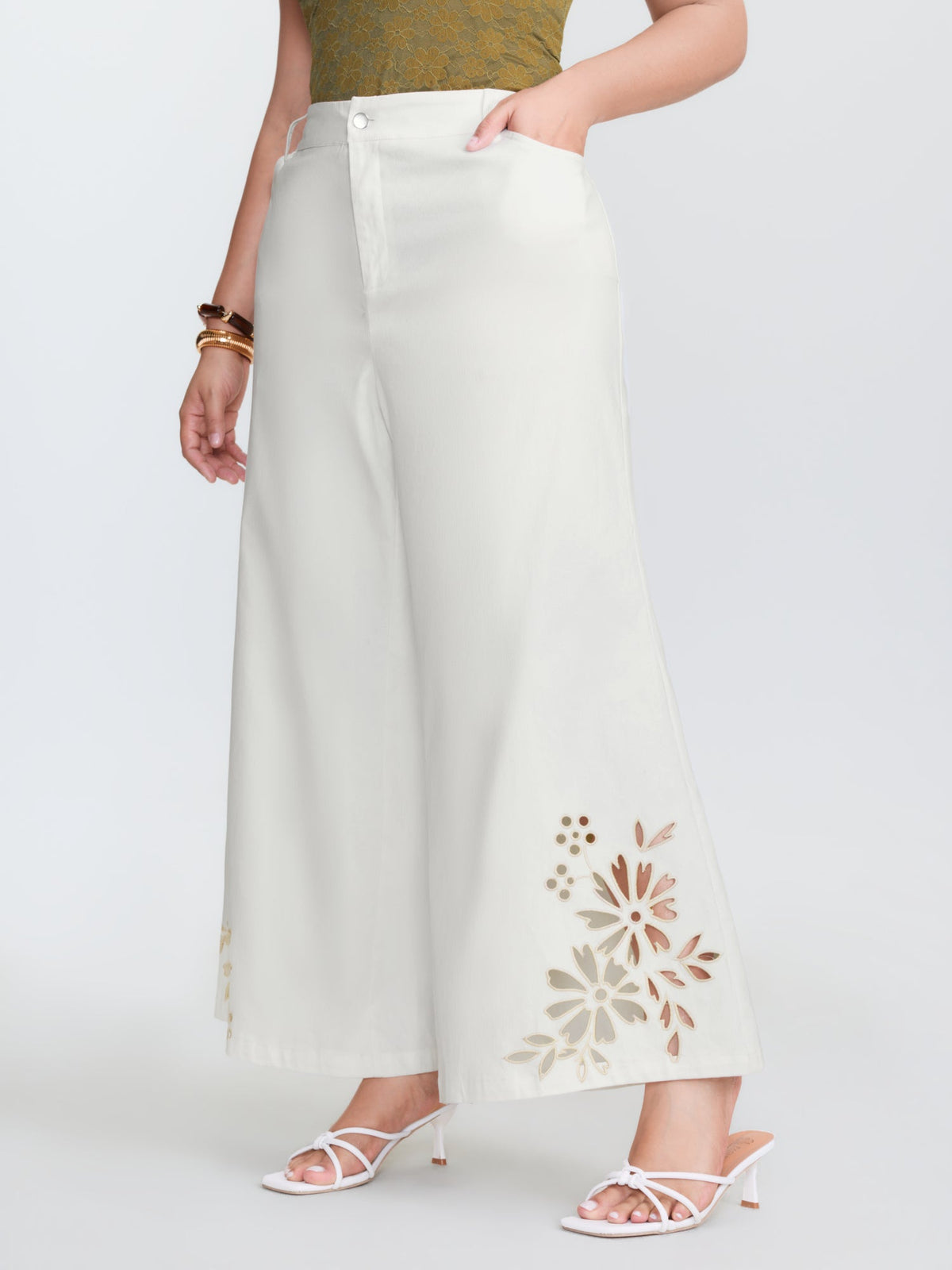 Cotton Floral Cutwork Embroidered Hem Pants