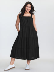 Pleated Wide-Straps Plain Midi Dress