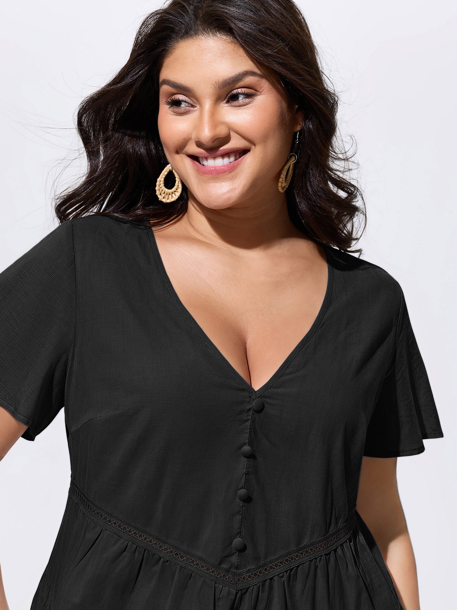 Cotton V-Neck Tiered Plain Blouse