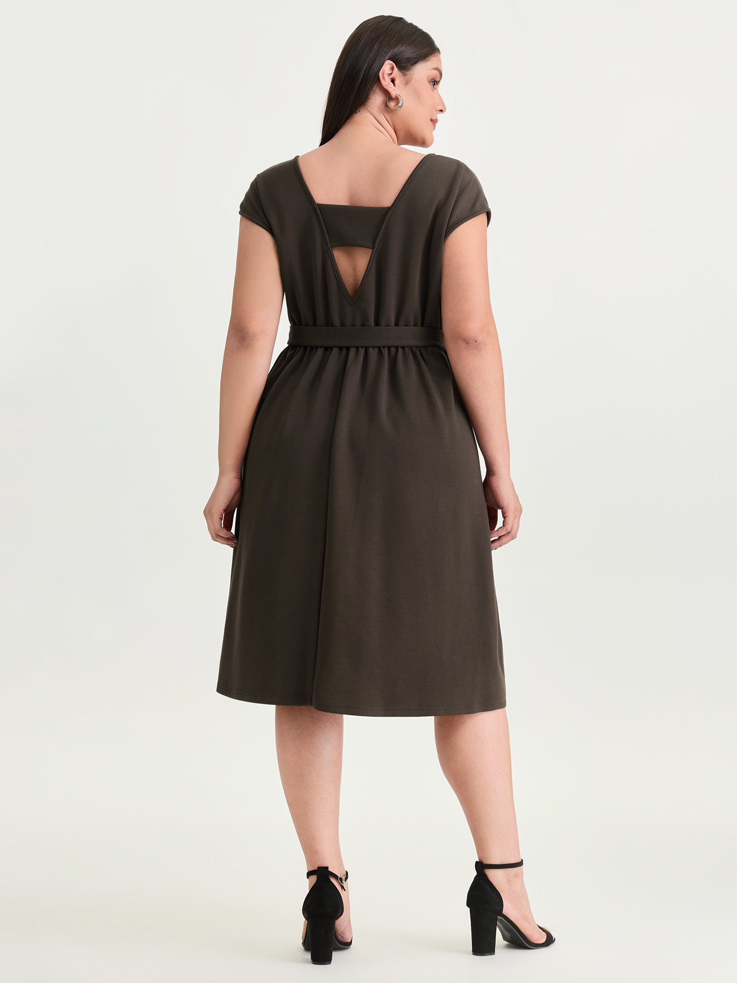 Backless Belted V-Neck Plain Midi Dress