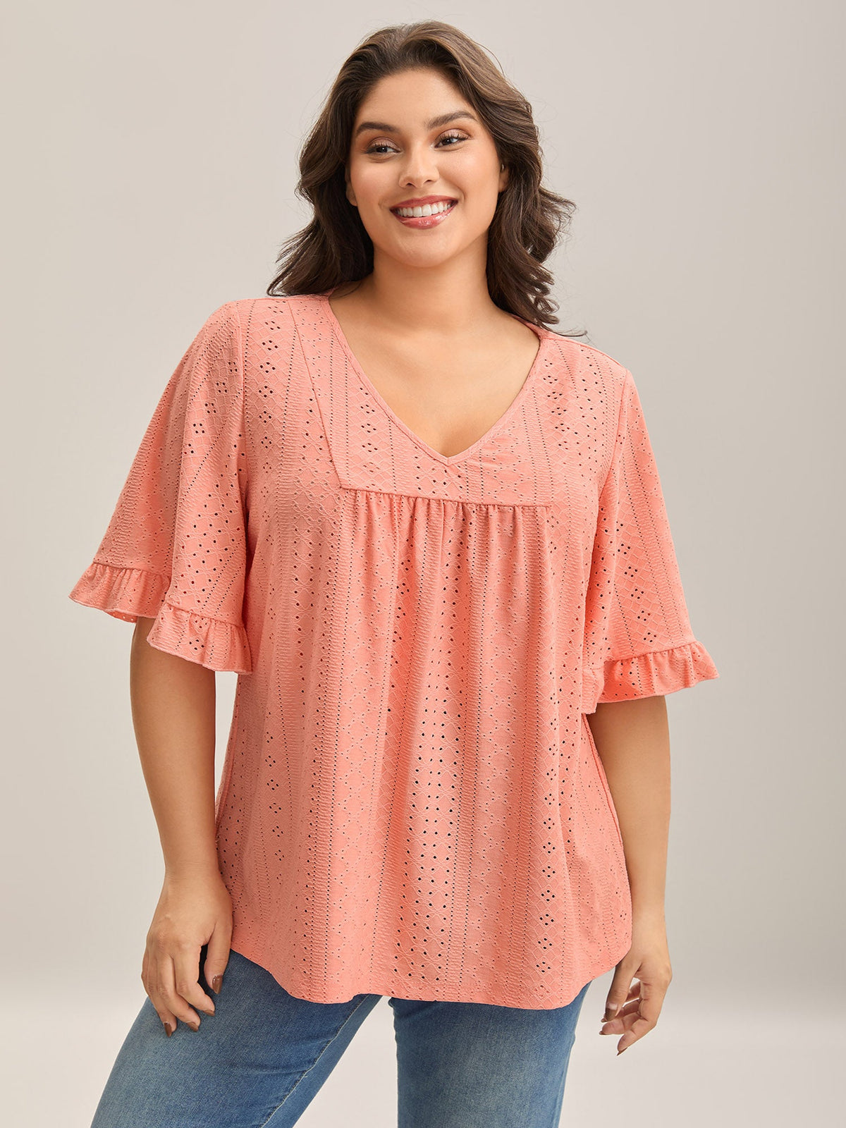 Eyelet Trim Ruffled Sleeve Knit Top