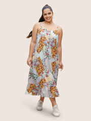 Floral Colorblock Contrast Button Detail Cami Dress