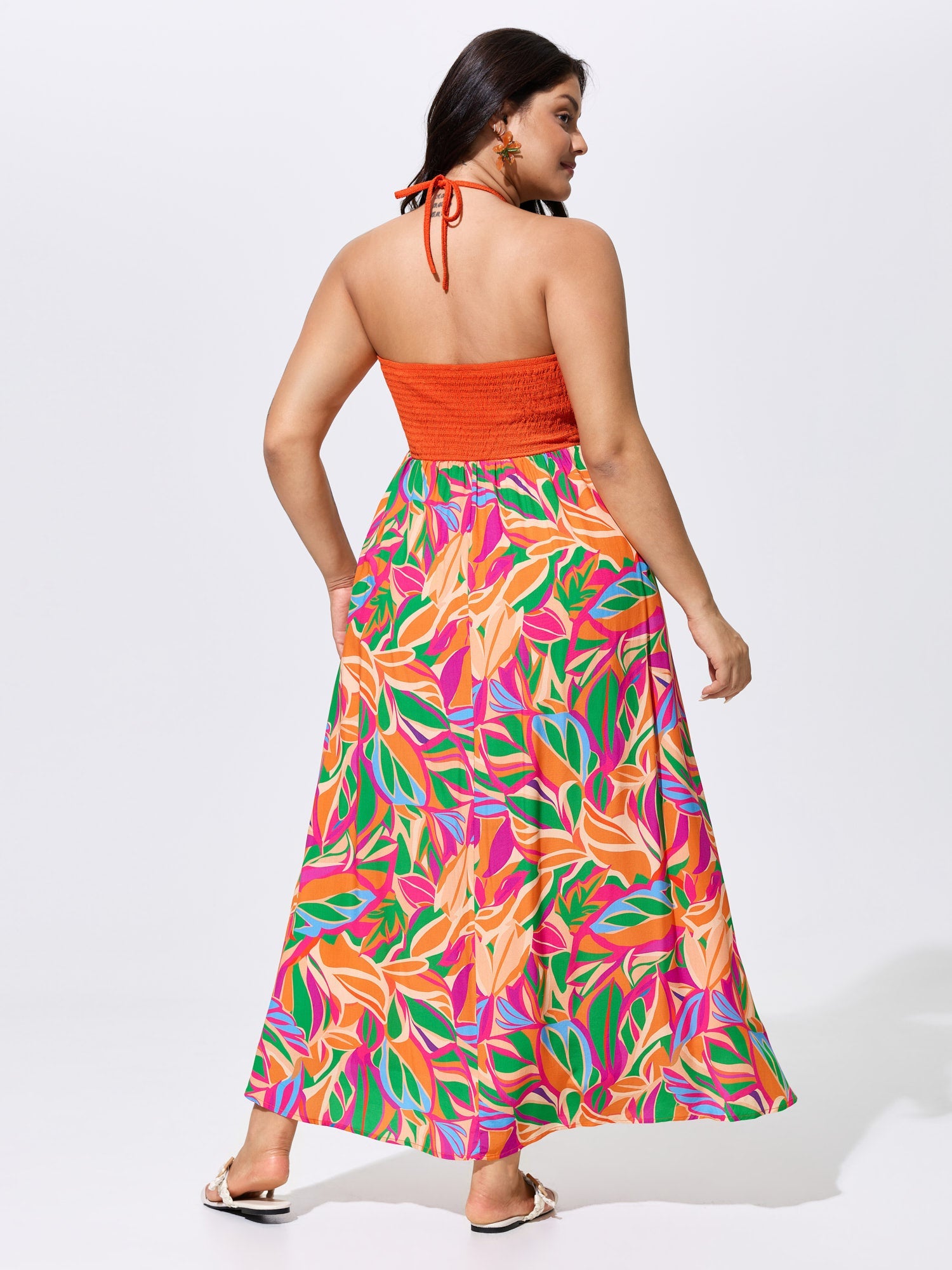 Tropical Floral Print Halter Neck Shirred Midi Dress