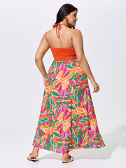 Tropical Floral Print Halter Neck Shirred Midi Dress