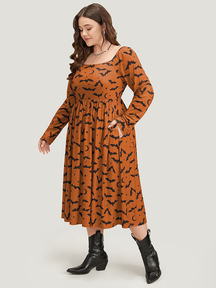 Halloween Bat Print Pocket Square Neck Dress