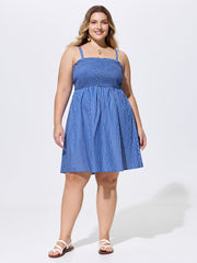 Cotton Striped Square Neckline Shirred Back Mini Dress