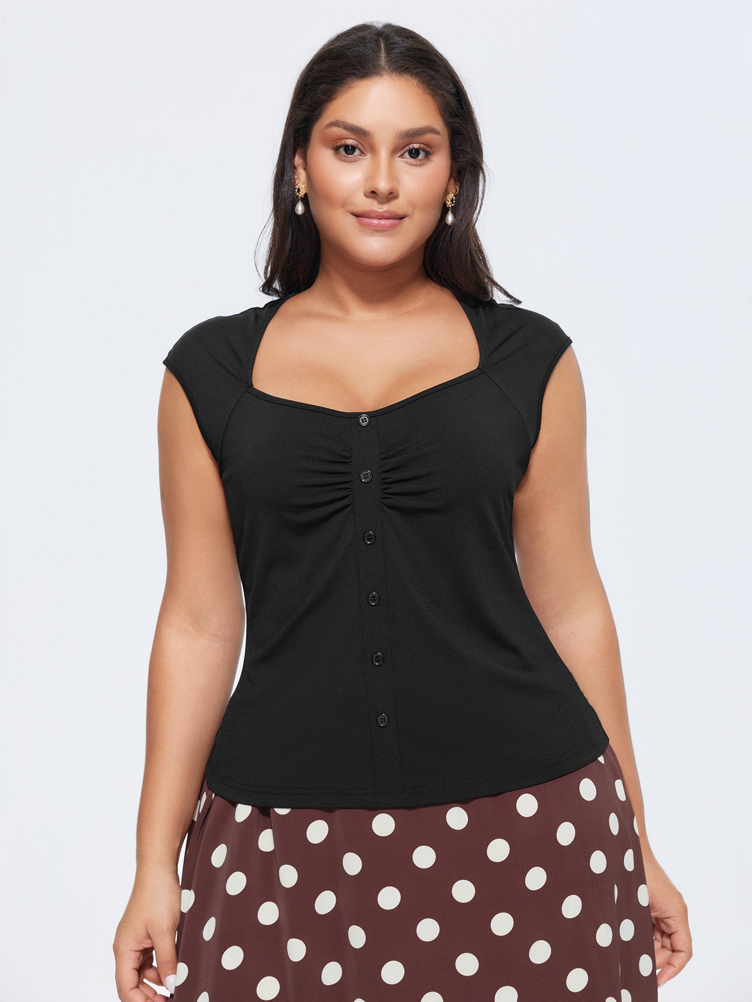 Stretchy Ruched Sweetheart Neckline Knit Top