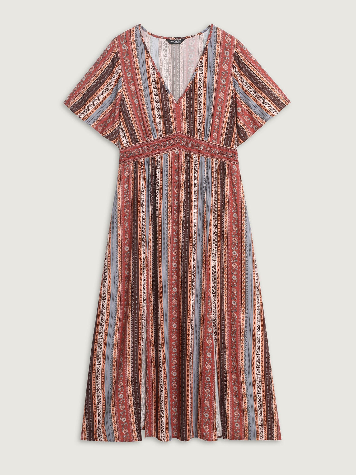Boho Striped Print Cinched-Waist Maxi Dress