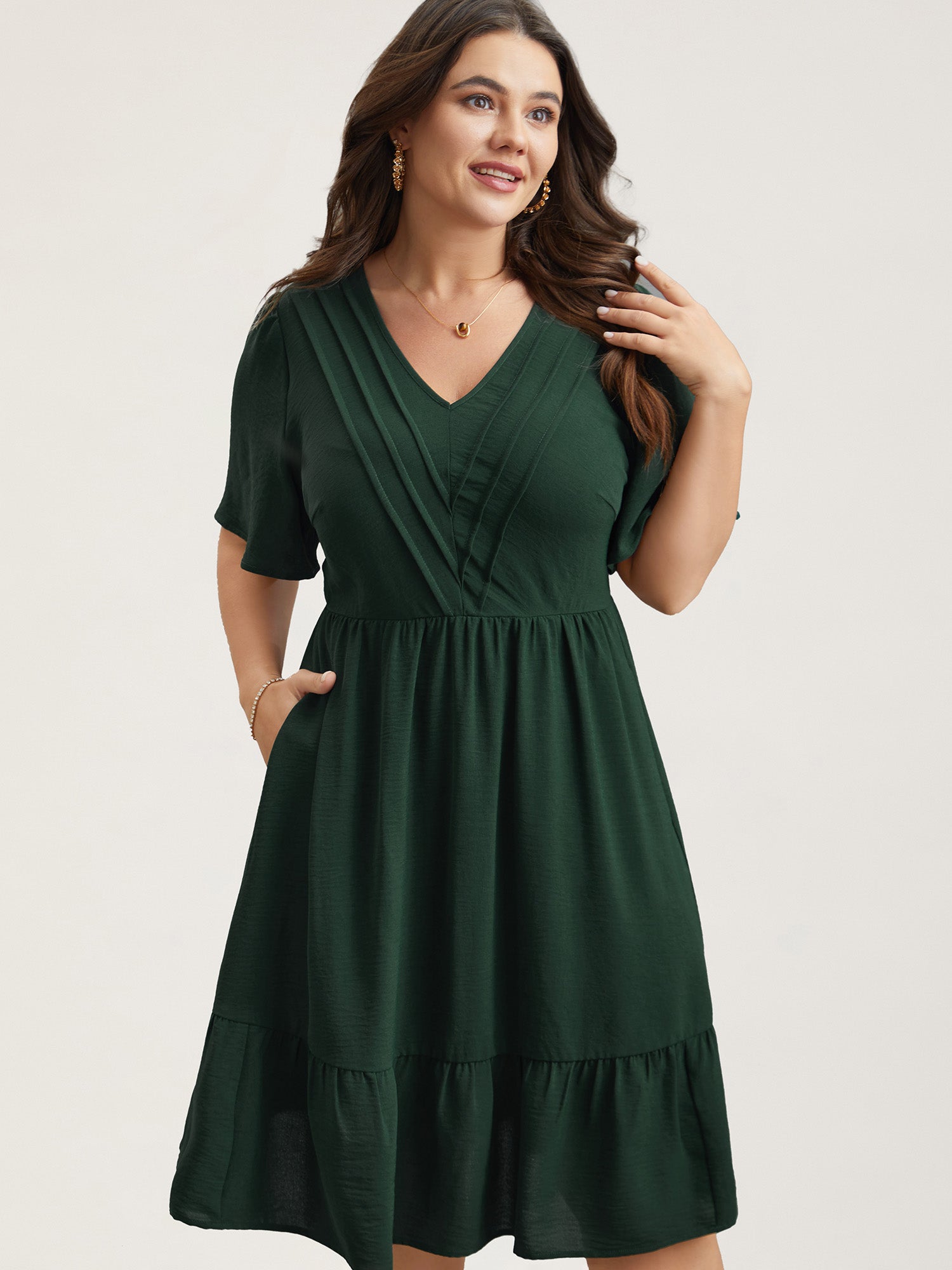 Bib-Front V-Neck Pockets Tiered Mini Dress