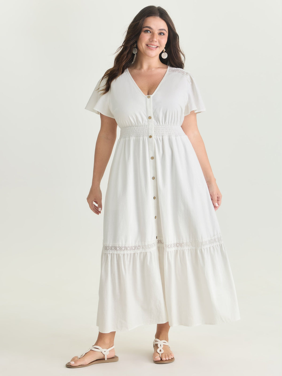 Shirred Waist Tiered V-Neck Maxi Dress