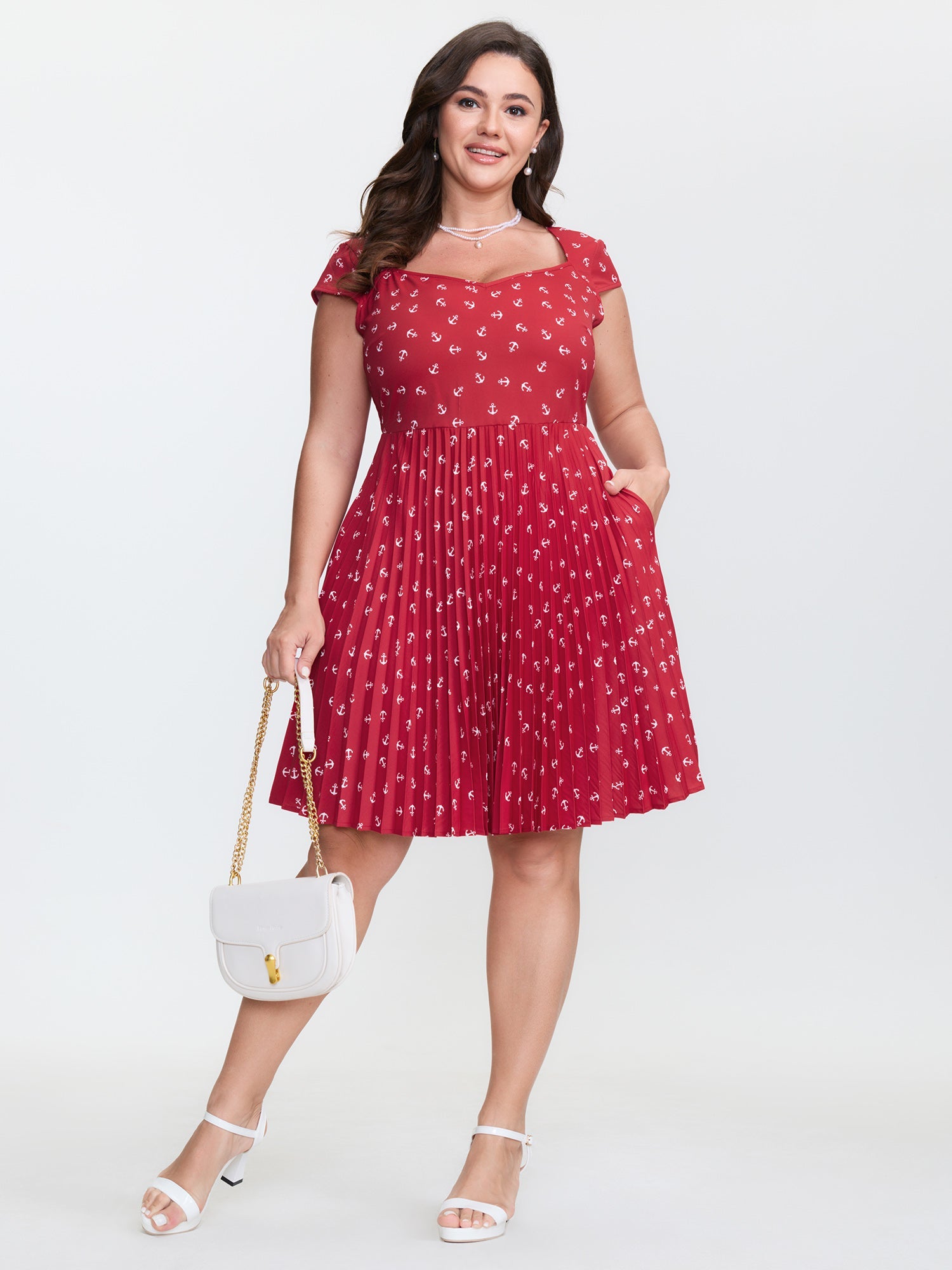 Anchor Pattern Pleated Sweetheart Neckline Mini Dress