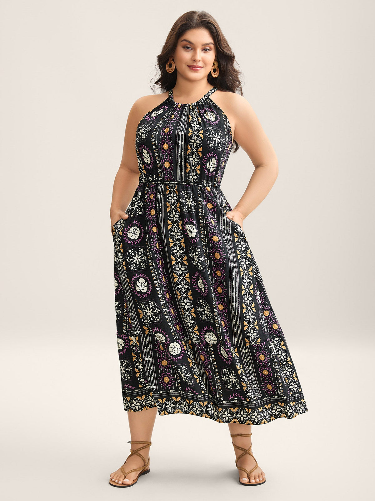 Rayon Tropical Boho Print Stretchy Midi Dress