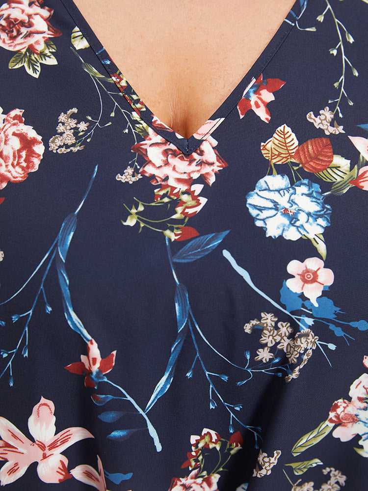 Floral Print V Neck Ruffle Sleeve Twist Hem Blouse