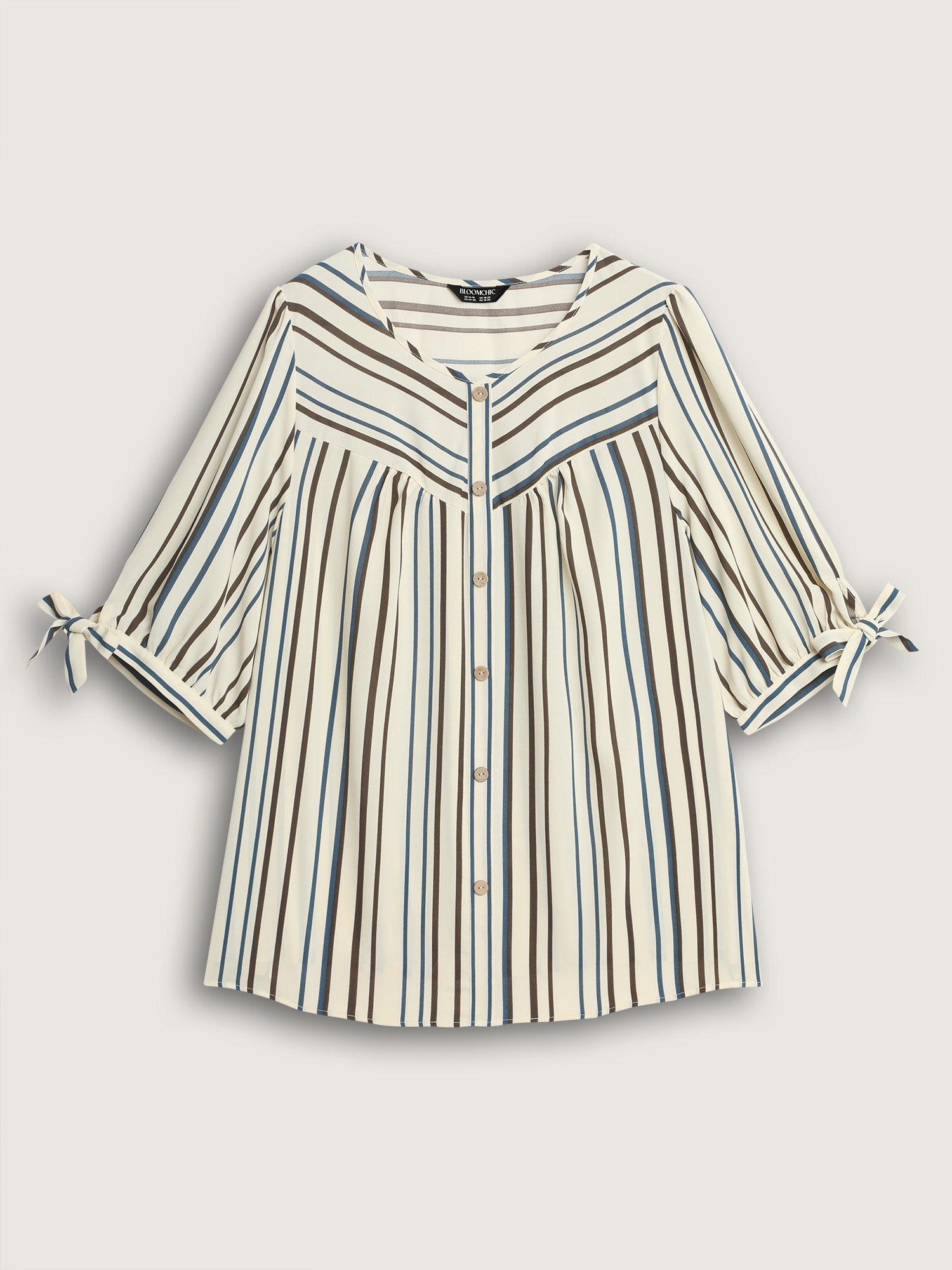 Striped Three-Quarter Sleeve Button-Down Blouse