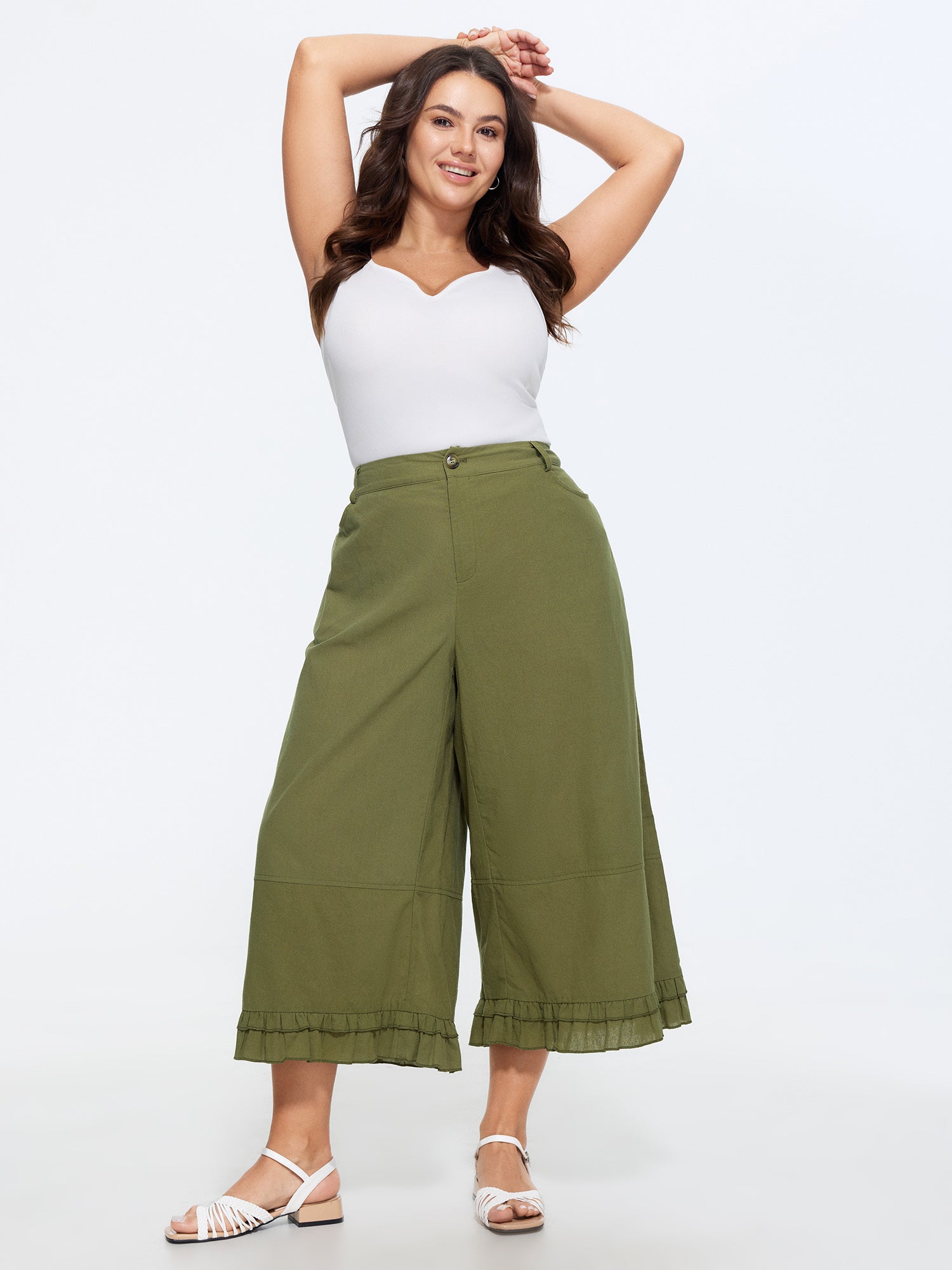Cotton Ruffled Hem Wide-Leg Pants