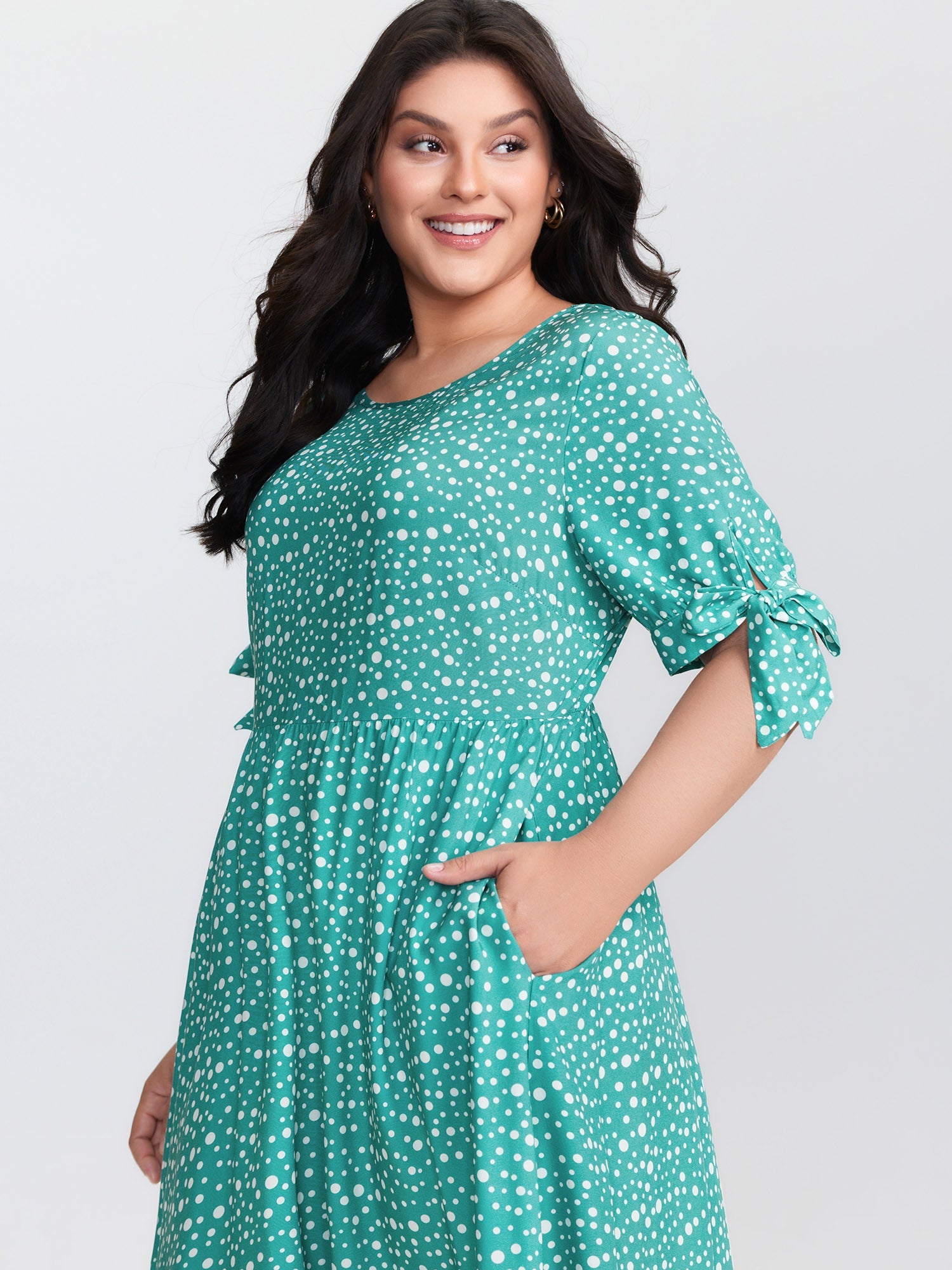 Polka Dot Sleeve Ties Midi Dress