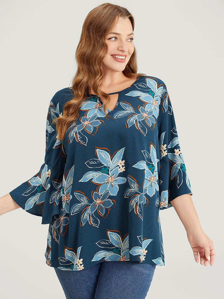 Floral Print Keyhole Neck Split Bell Sleeve Blouse