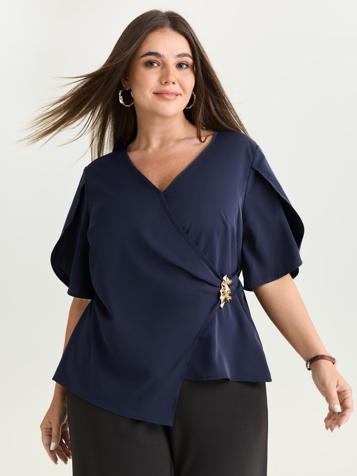Draped Side Buckle Petal Sleeve Blouse