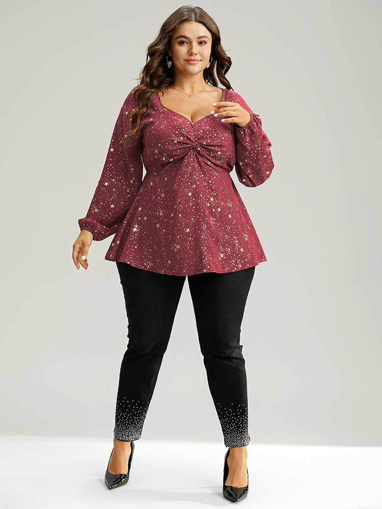 Star Glitter Square Neck Twist Front Blouse