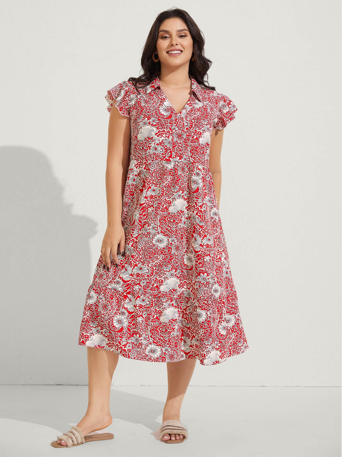 Paisley Print Collar Flutter Sleeve Midi Dress